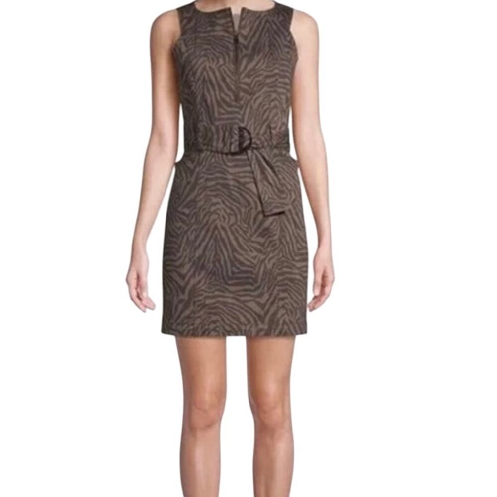 White House Black Market Chocolate Zebra Animal Print Belted A-Line Dress 12 NWT